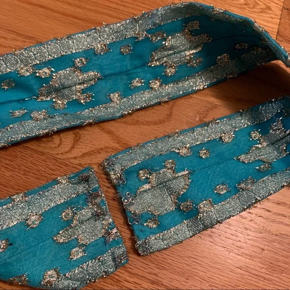 Vintage handmade 60s gold metallic peacock blue shift dress - Picture 8 of 12